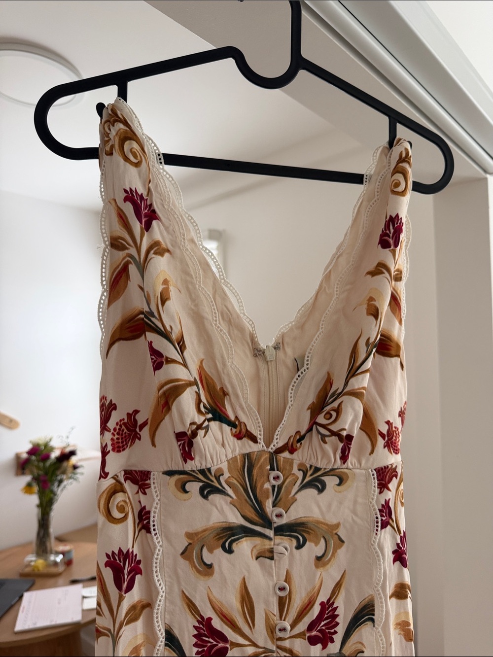 FARM Rio Cream Slip Dress with Red & Gold Floral Embroidery